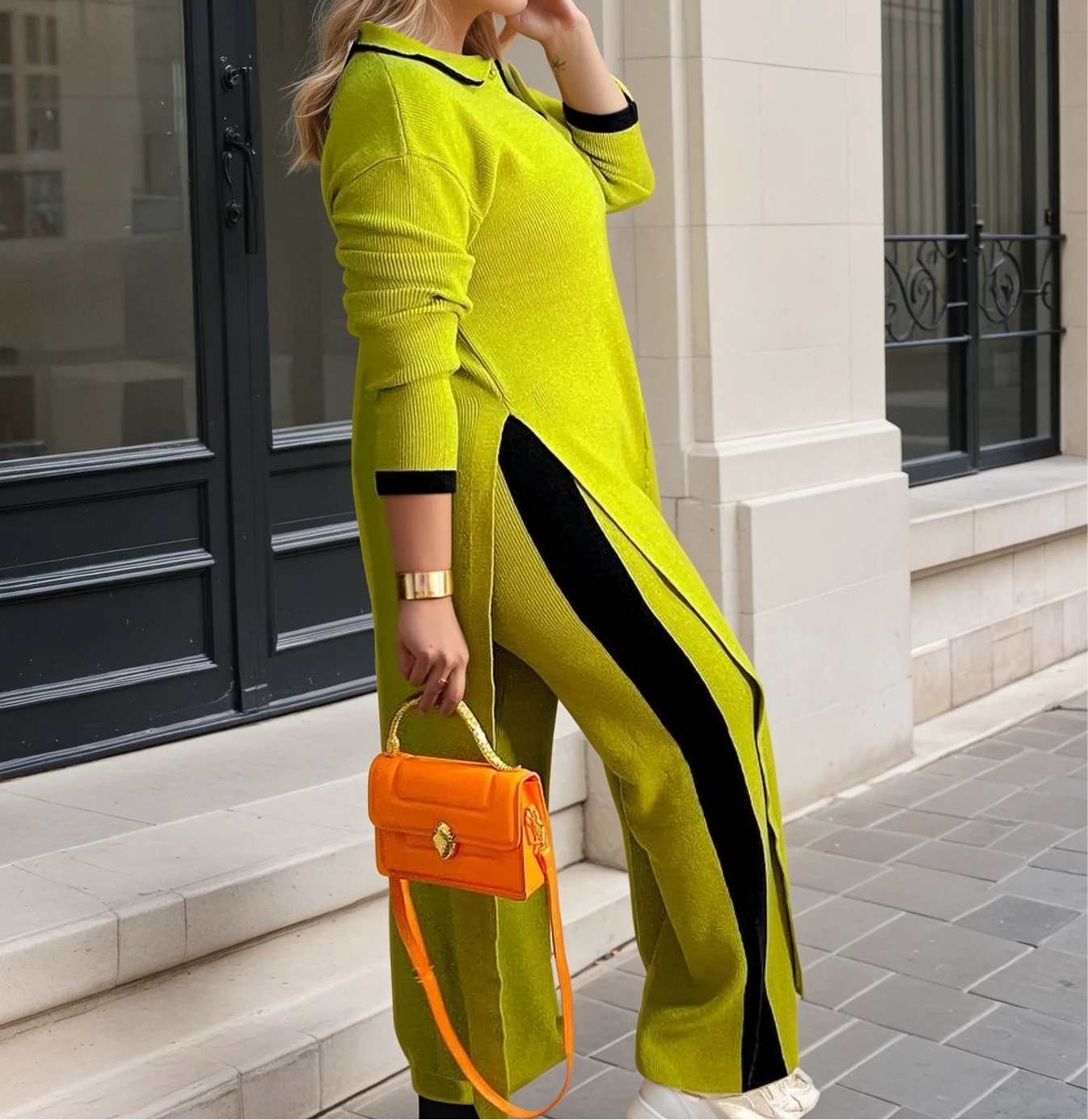 2-Piece Knitwear Set – Contrast Striped Tunic & Pants