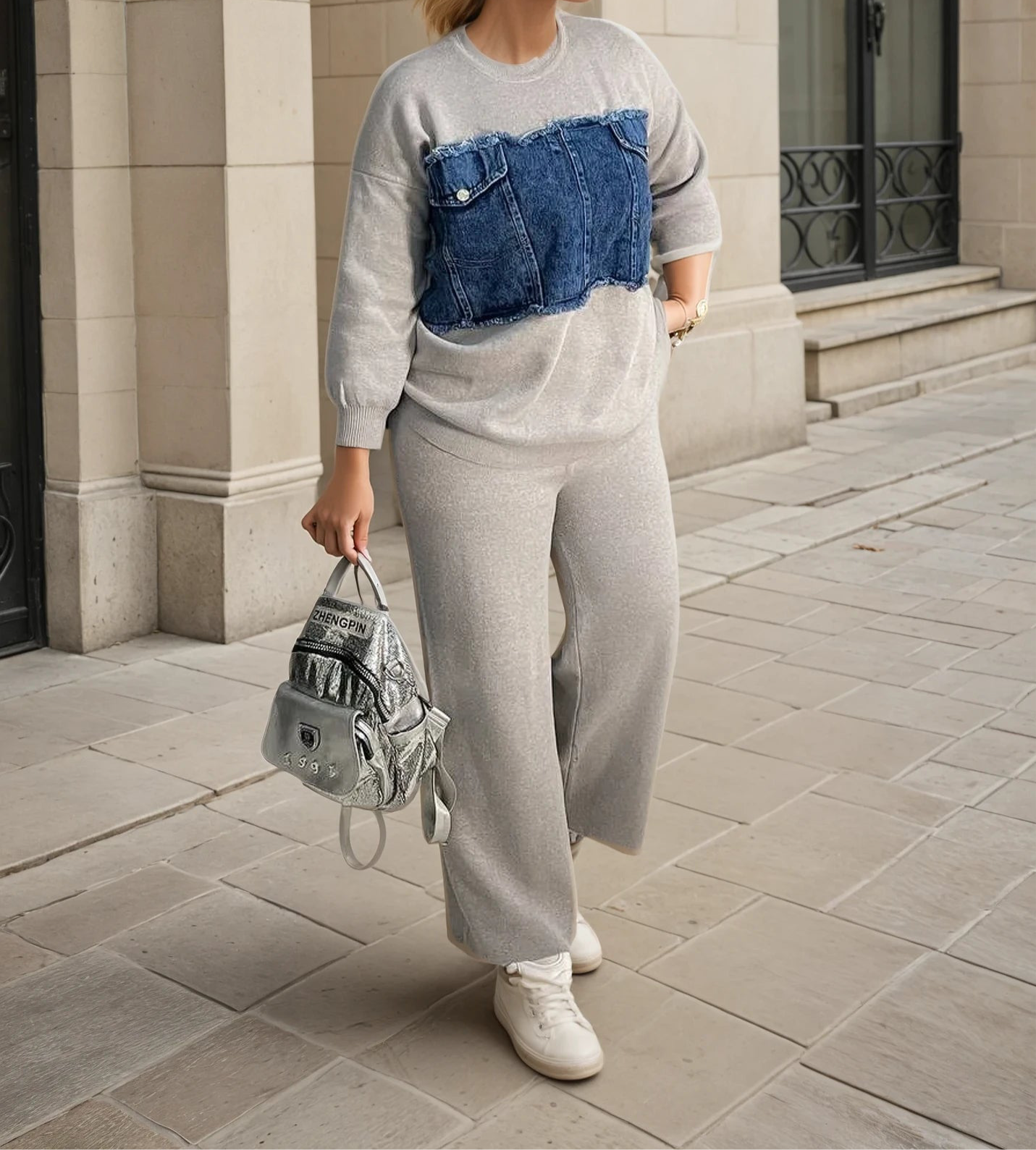 2-Piece Knitwear Set with Denim Detail