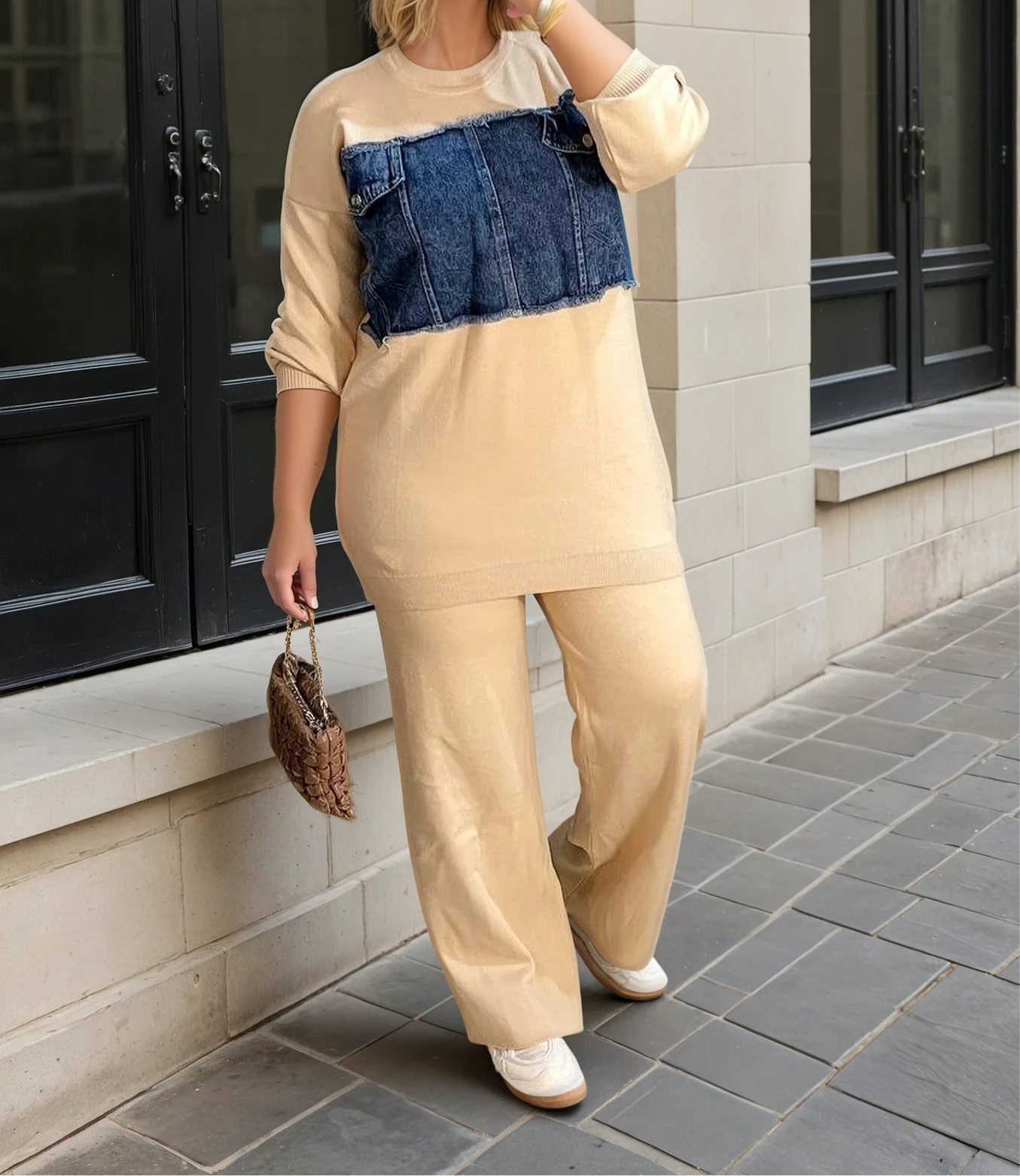 2-Piece Knitwear Set with Denim Detail