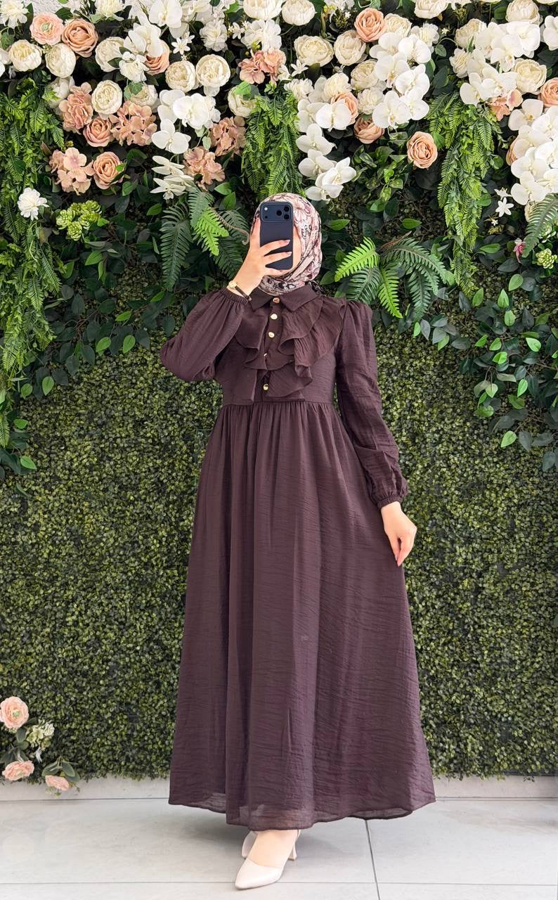 Ruffle Front Modest Maxi Dress