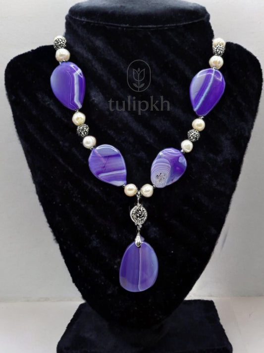 Agate Slice Necklace with Druzy Spacers & Natural Pearls