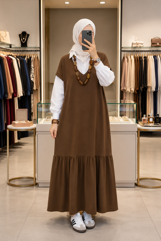 Brown Layered Modest Dress