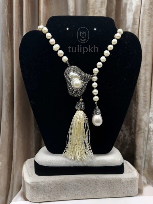 Natural Pearl & Hematite Necklace with Pearl Pendant