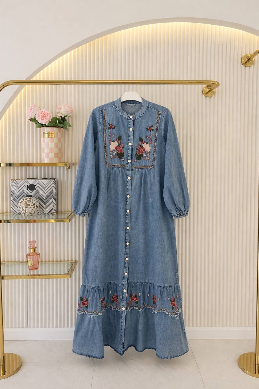 Embroidered Modest Denim Maxi Dress