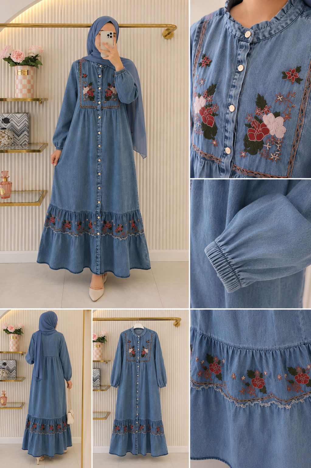 Embroidered Modest Denim Maxi Dress