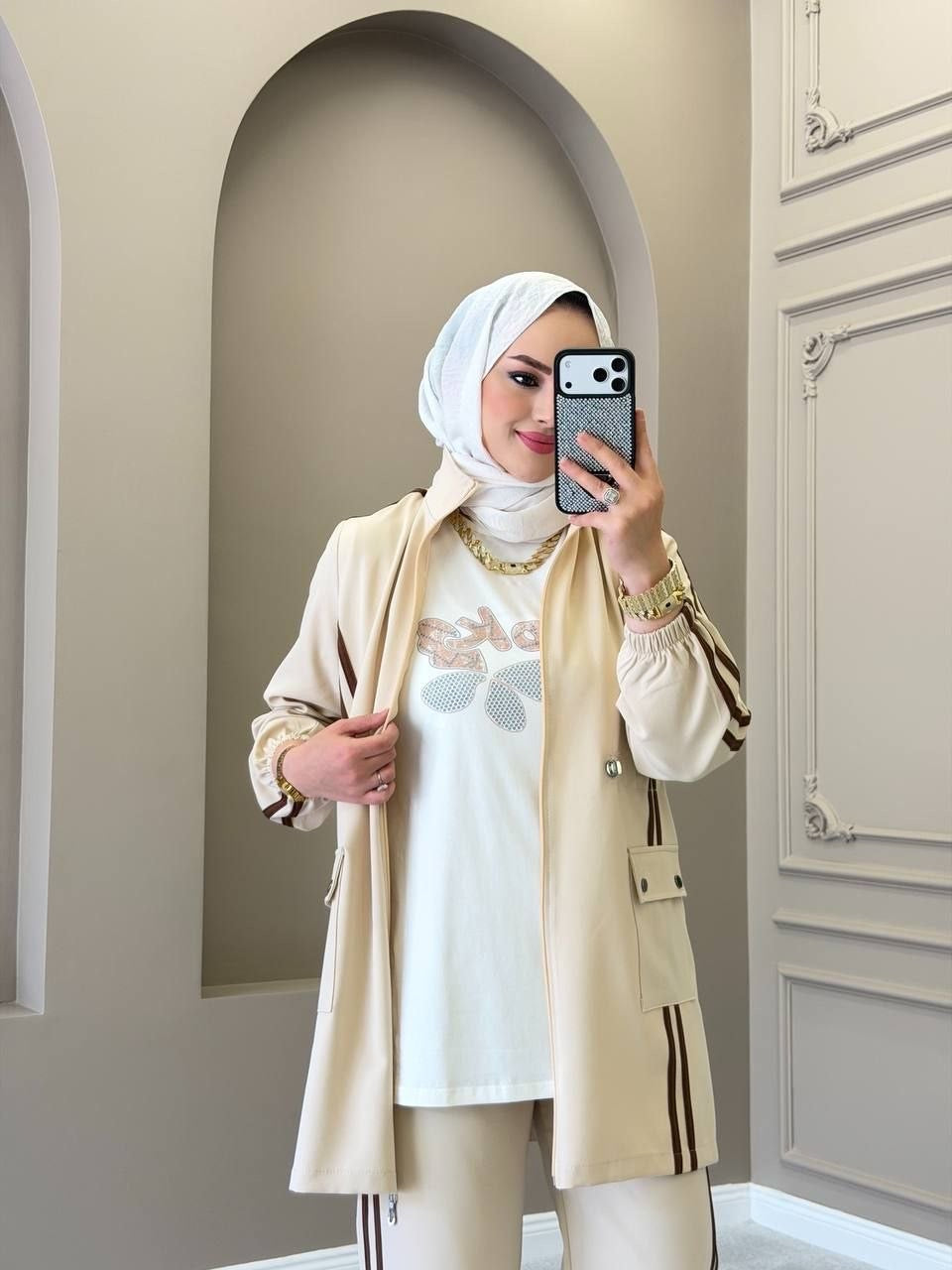 Beige 3-Piece Double Crepe Tracksuit