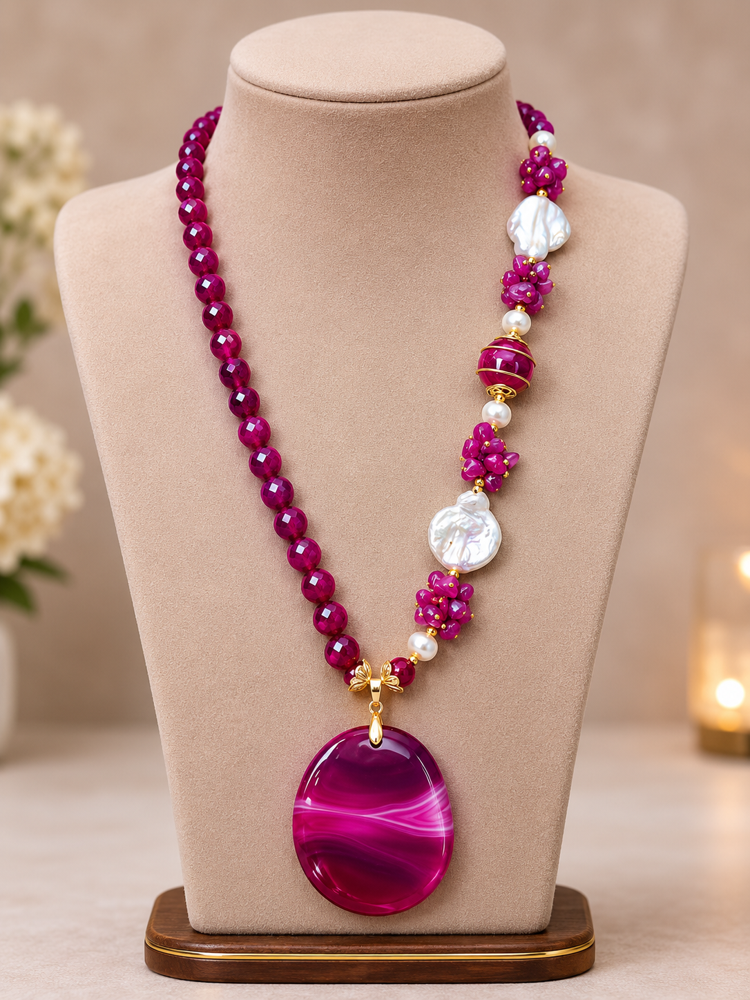 Handmade agate with natural Pearl necklace.