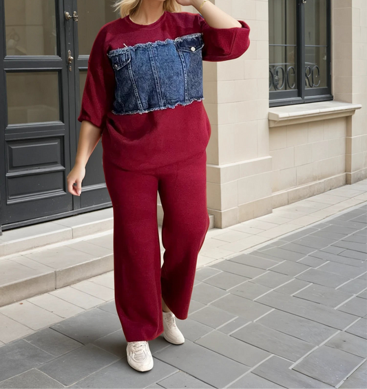 2-Piece Knitwear Set with Denim Detail