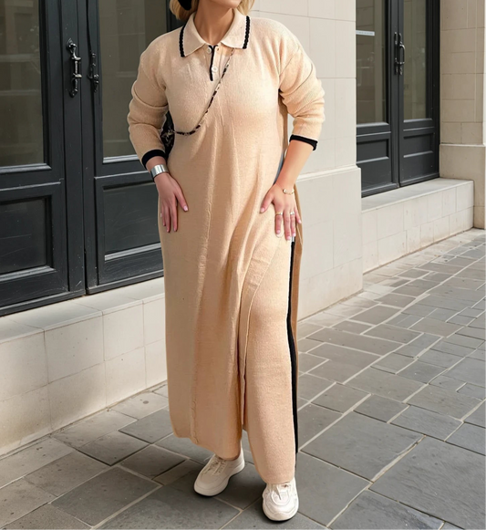 2-Piece Knitwear Set – Contrast Striped Tunic & Pants