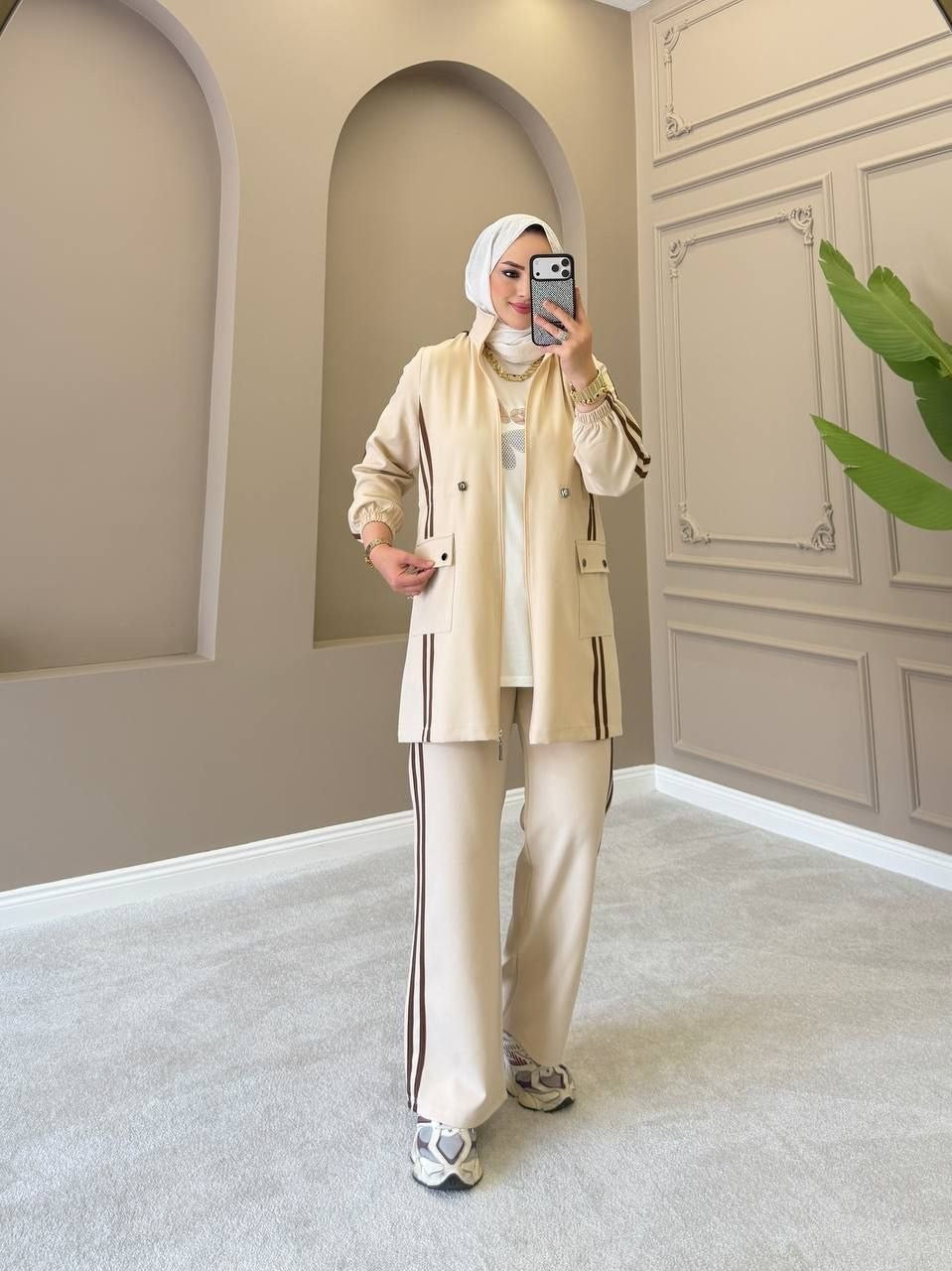 Beige 3-Piece Double Crepe Tracksuit