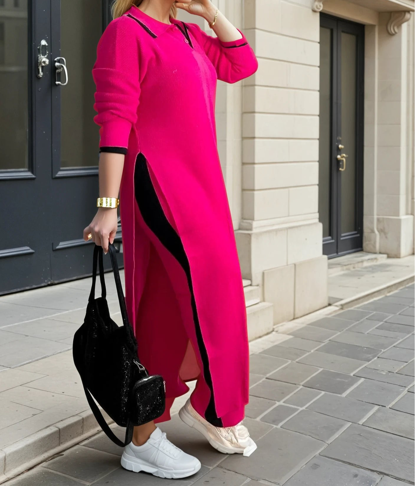 2-Piece Knitwear Set – Contrast Striped Tunic & Pants