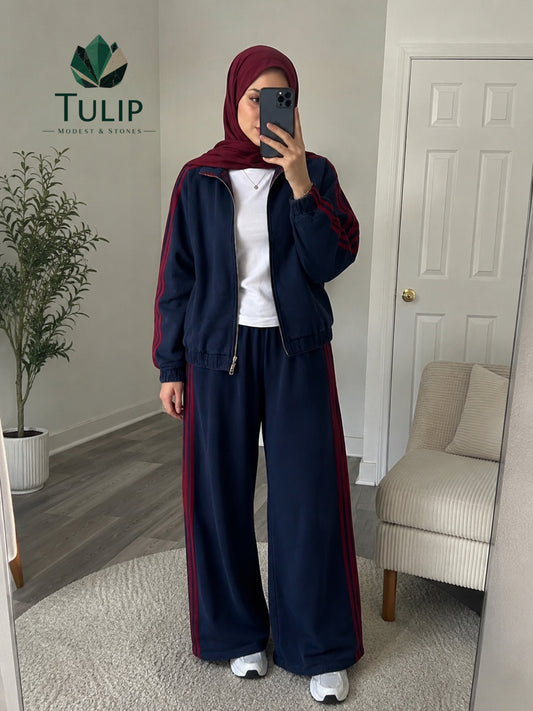 Navy Denim Set With Red Stripes