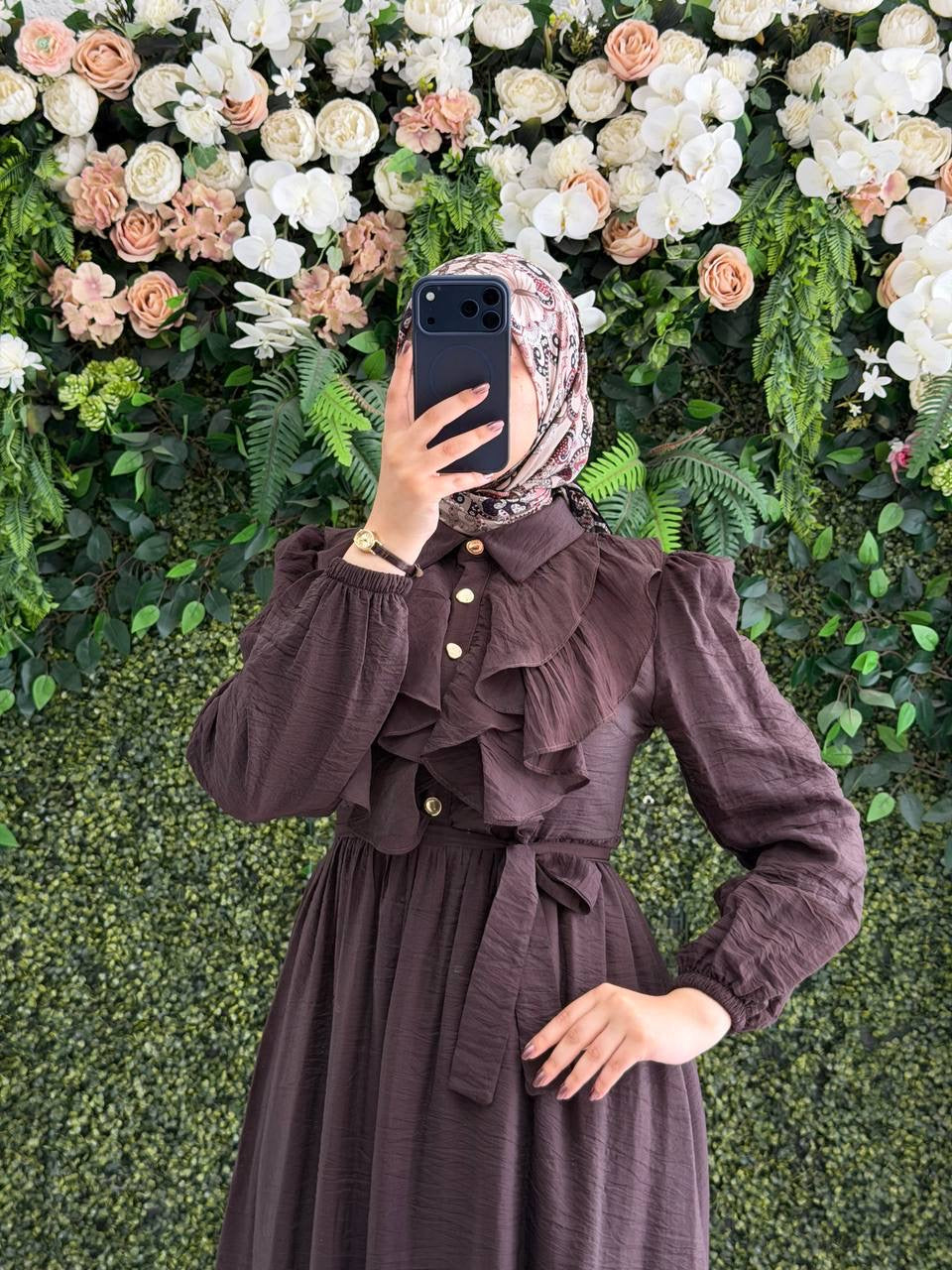 Ruffle Front Modest Maxi Dress